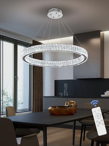 Modern LED Dimmable Crystal Chandelier 31.5" Ring Pendant Light Adjustable Round Chrome Crystal Chandelier Light Fixtures for Dining Room Living Room