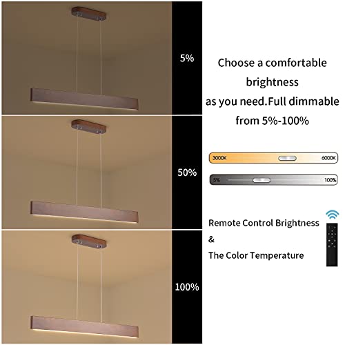 39.4" Wood Linear Pendant Light 24w Led Dimmable Dining Room Light Wood Kitchen Island Pendant Hanging Light for Kitchen Island Office Lights Walnut Color