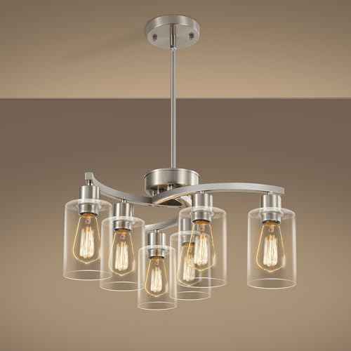 Sigaitwei 6 Light Farmhouse Brushed Nickel Chandelier,21.7" Modern Chandeliers for Dining Room Light Fixtures Over Table,Pendant Lights Kitchen Island,Metal Bracket with Downward Clear Glass Shade