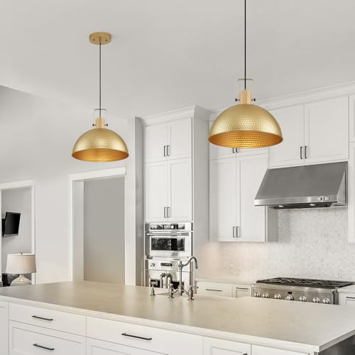 16 Inch Gold Pendant Lights Hammered Matte Pendant Lights for Kitchen Island Industrial Farmhouse Adjustable Height Dome Hanging Light Fixtures for Barn
