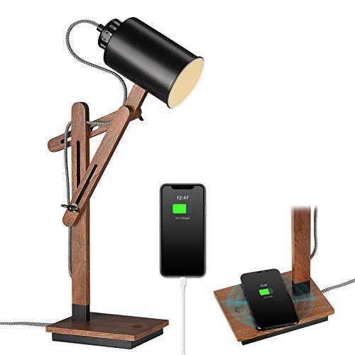 Touch Control Sapele Wood Desk Lamp with Wireless Charging & USB Port