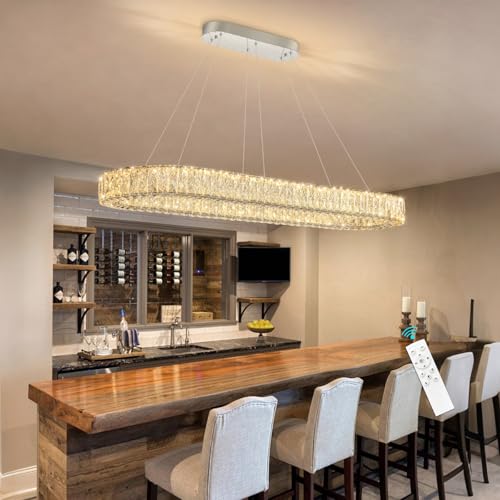 Modern Oval Crystal Chandelier for Dining Room Dimmable LED Chandeliers Rectangular Pendant Light Fixture with Remote for Living Room Kitchen Island Silver