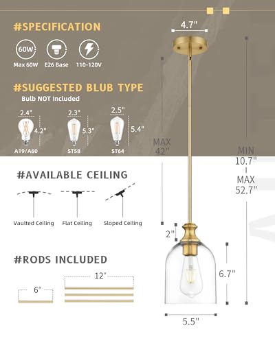 2 Pack Modern Gold Pendant Lights Kitchen Island Cylinder Glass (2 Count)