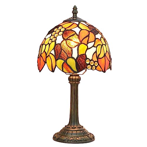 Tiffany Stained Glass Table Lamp Orange Grape Bedroom Bedside Reading Desk Light for Office Dormitory Bar Decorate Retro Style Unique Cute Accent Decor Cottage 8" Village Nightstand Lamps