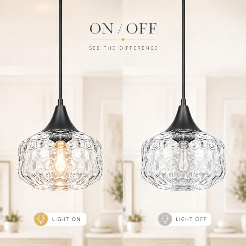 DSMJFU Black Pendant Lights Kitchen Island with Hammered Glass Over Table