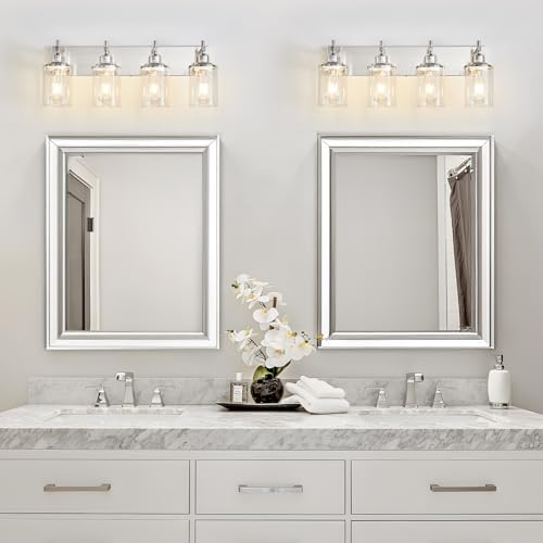 4 Light Brushed Nickel Bathroom Light Fixture Over Mirror Modern Bathroom Vanity Light Vintage Wall Lighting with Clear Glass Shade for Bathroom