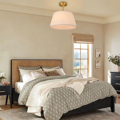 15”Dia White Pleated Fabric Drum Shade Ceiling Light Fixture