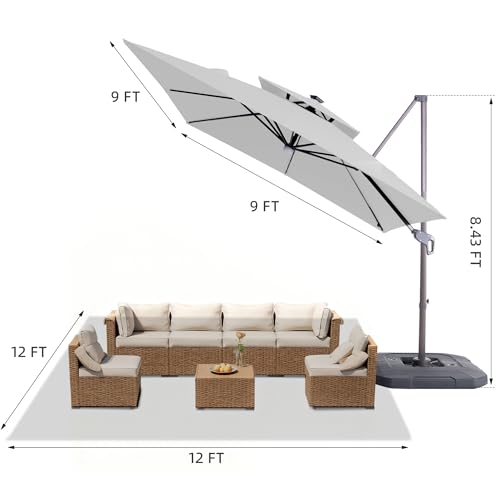 9x9 FT Cantilever Offset Patio Umbrella with Lights & Base