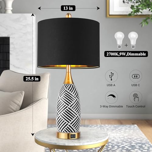25.5" Black Gold Ceramic Touch Table Lamp (2 Count)