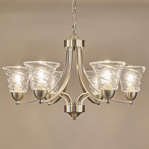 Modern Brushed Nickel Farmhouse Chandelier 6 Light Silver Chandeliers for Dining Room Adjustable Height Hanging Light Fixture with Clear Glass Shade
