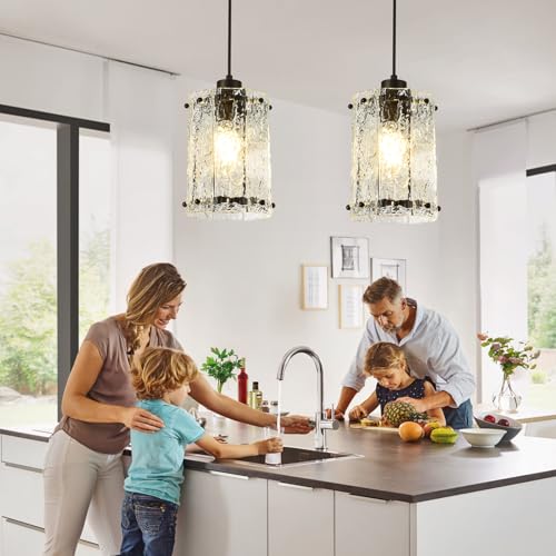 Black Pendant Lights Kitchen Island 1 Pack Modern Water Ripple Glass Pendant Lights Fixtures Round Adjustable Hanging Pendant Lighting for Kitchen Island Dining Room Over Sink Table Entryway