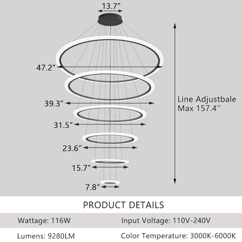 Modern LED Dimmable Chandelier 6 Ring High Ceiling Large Chandelier for Living Room Hanging Light Fixture for Foyer Staircase Black
