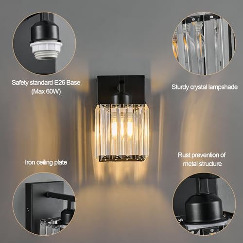 Modern Wall Sconces Set of Two Indoor Wall Lamp Black Wall Sconce Crystal Wall Light Bathroom Vanity Light Fixtures Wall Mounted Room Sconce Wall Lighting (2 Count)