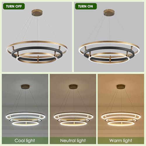 3 Rings Modern LED Chandelier Black Gold Dimmable Circular Pendant Light for Dining Room