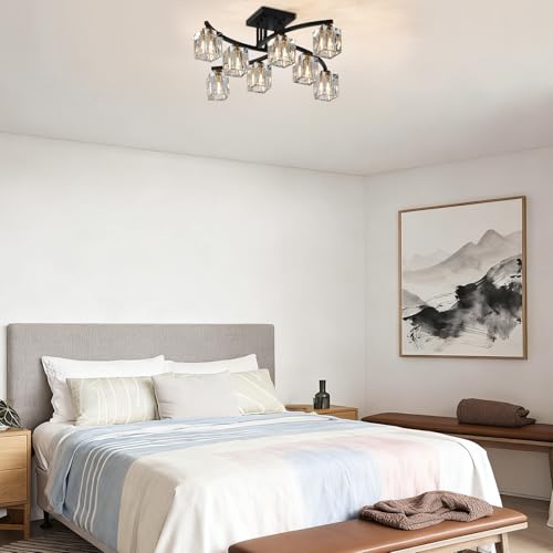 8 Light Modern Sputnik Ceiling Light Fixture Farmhouse Crystal Semi Flush Mount Ceiling Light Black and Gold Chandeliers for Dining Room Living Room Kitchen Island Bedroom Entryway