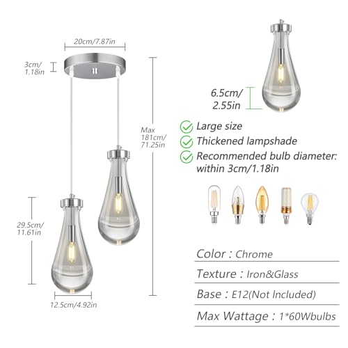 Raindrop Pendant Lights Kitchen Island Teardrop Chrome Hanging Light Fixtures Clear Solid Glass Pendant Light Modern Chandeliers for Dining Room Porch Corridor Living Room