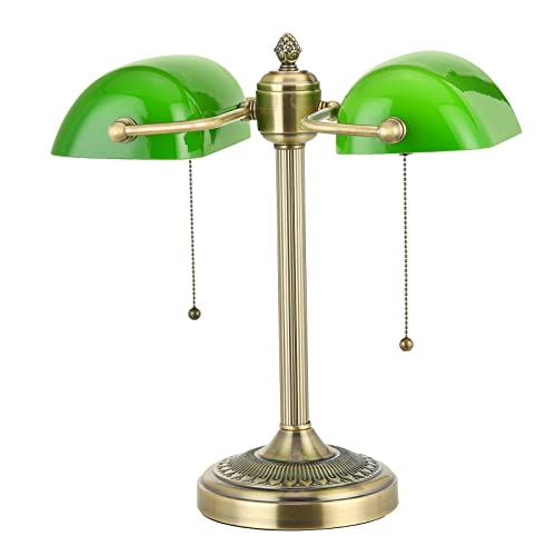 Green Double Head Glass Bankers Desk Lamp