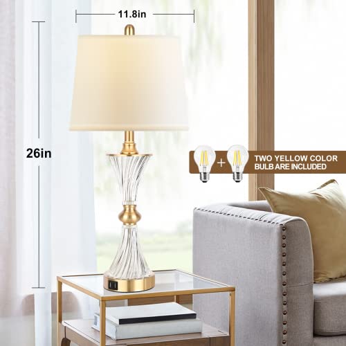 Touch Table Lamps for Bedroom Set of 2 Modern Living Room 3 Way Dimmable Gold Glass Bedside Nightstand Lamp for End Table with 2 USB Charging Port