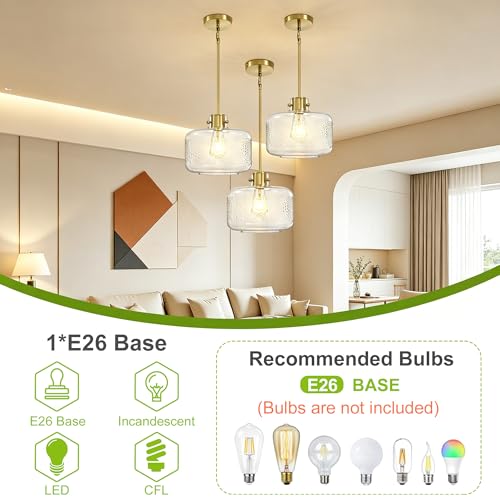 Gold Pendant Lights Kitchen Island with 9.84in Hammered Glass Shade 1Pack