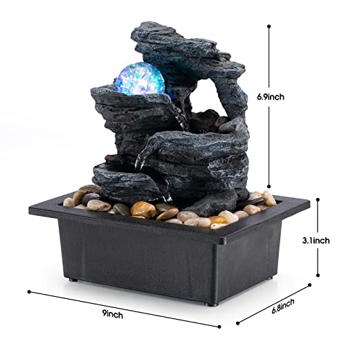 Table Top Fountain Spin Ball Rock Waterfall Fountain Office Table Top Fountain Includes Many Natural River Rocks Decorated with Colorful Lights and Rollers 9.05" L x 6.95" W x 10.25" H