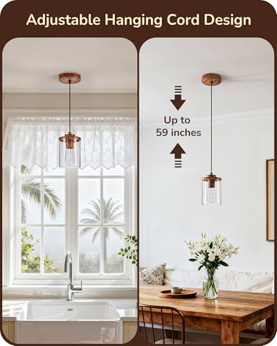 Farmhouse Pendant Light Wood Grain Finish Clear Glass Shade