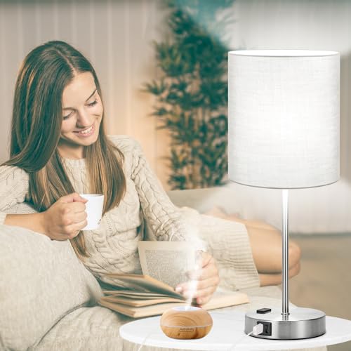 Set of 2 Grey Touch Control Table Lamps with 2 USB Ports & AC Outlet (2 Count)
