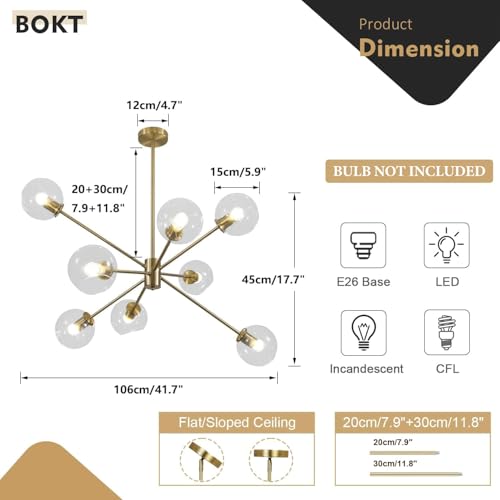 8 Lights Modern Large Gold Globe Sputnik Chandelier Contemporary Clear Glass Ball Bubble Chandelier Lighting Brass Sputnik Hanging Light Fixture Vintage Retro Pendant Lights Kitchen Island