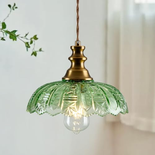1 Light Pendant Light with Brass Gold Metal Green Glass Shade and Adjustable Cord Industrial Ceiling Hanging Light for Kitchen Island Bar Dining Room Bedroom Foyer Hallway Farmhouse