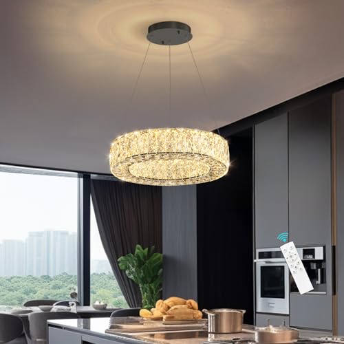 Modern Chandelier for Dining Room Dimmable LED Pendant Lights for Kitchen Island Lighting Black Ring Crystal Chandeliers for Bedroom Entrance Living Room