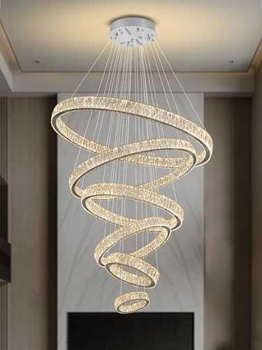 Extra Large 6 Ring Crystal Chandelier Modern LED Long Crystal Chandelier for High Ceiling Height Adjustable D8+15.7"+23.6"+31.5"+39.4"+47.5" Dimmable 2700K