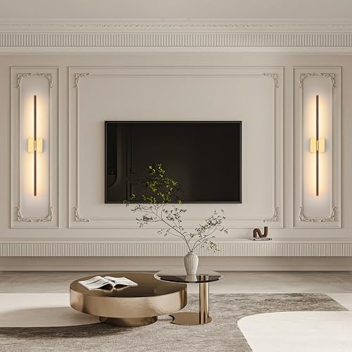 36 Inch Walnut Gold Battery Operated Wall Sconce Set of Two with Remote (2 Count)