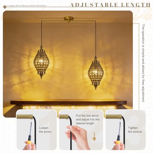 2 Light Linear Pendant Retro Metal Hanging Chandelier Brushed Brass