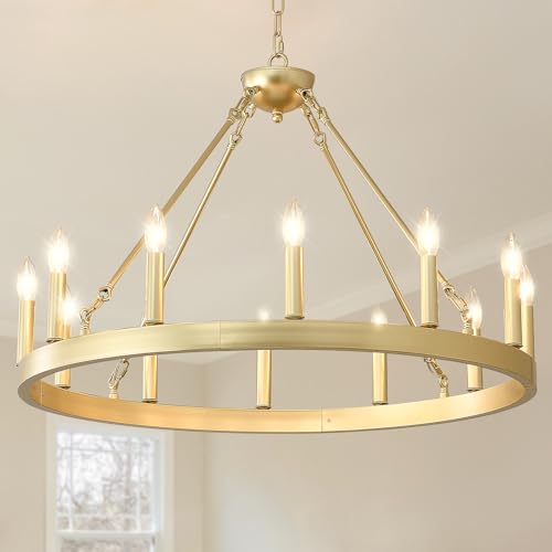 Gold Wagon Wheel Chandelier 32" 12
