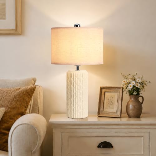 22" Modern Ceramic Table Lamps Set of 2 for Night Stands (Beige)