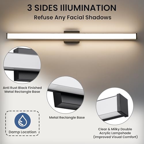 Modern LED Bathroom Vanity Light 48 inch 32W Dimmable 3CCT Bathroom Light Fixture Over Mirror Rectangle Bath Vanity Light Bar with Double Layer Acrylic Shade (48 inch(es))