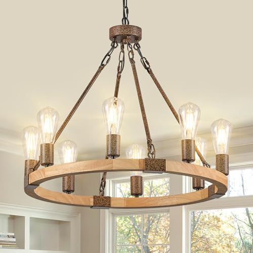Farmhouse Wagon Wheel Chandelier 23.6" Wooden Rustic Light Fixtures 8