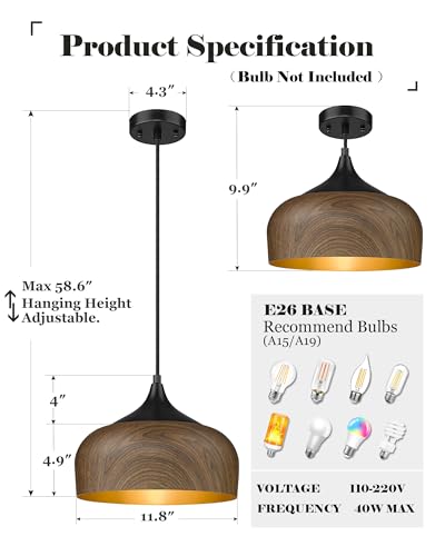 Modern Bauhaus Pendant Light Walnut Wooden Pattern Dome Pendant Light Fixture Matte Black Metal Gold Inner Adjustable Hanging Lighting for Kitchen Island Dining Room Office Hallway Bedroom