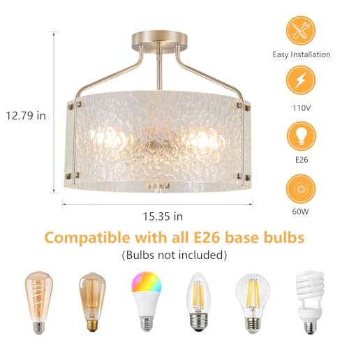 Semi Flush Mount Ceiling Light Fixture Glass Drum Chandelier Entryway Light Fixture 16''Brushed Nickel Flush Mount Ceiling Lights 3
