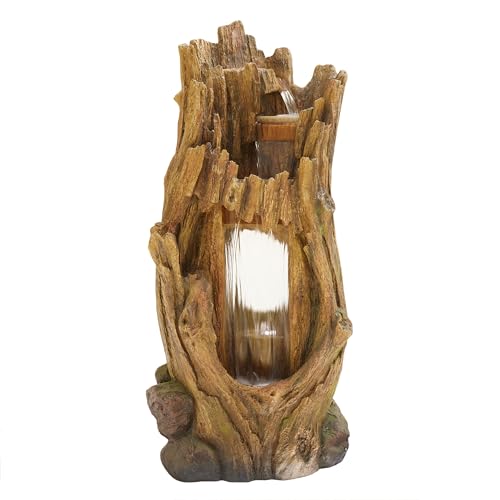 TZL338 Outdoor 3 Tier Waterfall Tree Trunk Floor Fountain with LED Lights for Patio