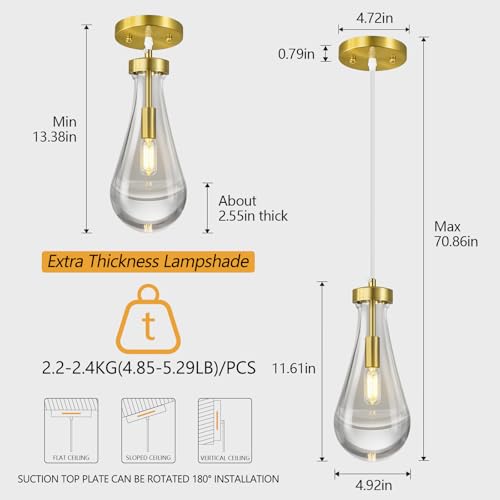 Raindrop Pendant Lights Kitchen Island Set of 3 Teardrop Gold Hanging Light Fixtures Clear Solid Glass Pendant Light Modern Chandeliers for Dining Room Porch Corridor Living Room… (3 Count)