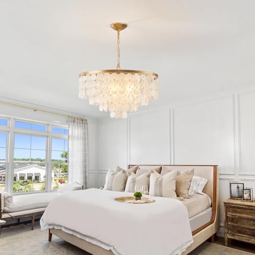 24" Capiz Shell Chandelier, 5 Light Gold Dining Room Light Fixture Modern Coastal Chandeliers for Bedroom Bathroom Kitchen and Foyer(White Seashell Lighting Fixtures)