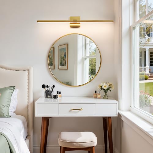 Gold Modern Bathroom Vanity Light 32 Inch 24W Dimmable 5CCT LED Bathroom Lighting Fixtures Over Mirror Brushed Gold Bar Vanity Lights for Bathroom Mirror Cabinets Bedroom