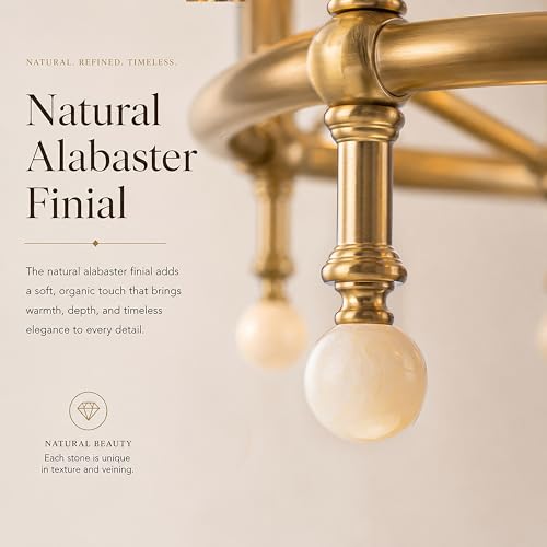 6 Light W34 Inch Warm Brass Statement Chandelier with White Pleated Fabric Shades and Alabaster Finials Large Round Designer Lighting for Dining Room Living Room