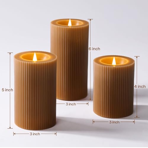Brown Ribbed Moving Flame Flameless Pillar Candles with Remote (Warm Brown)