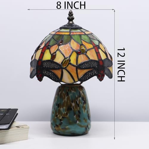 Tiffany Mushroom Table Lamp Dragonfly Style Yellow Stained Glass Accent Lamp Brown Blue Glass Base 8X8X12 Inch