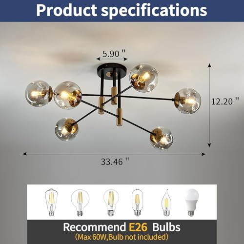 6 Light Glass Globe Sputnik Light Fixture Modern Matte Black and Gold Chandelier Semi Flush Mount Ceiling lamp for Living Room Kitchen Dining Room Farmhouse Bedroom
