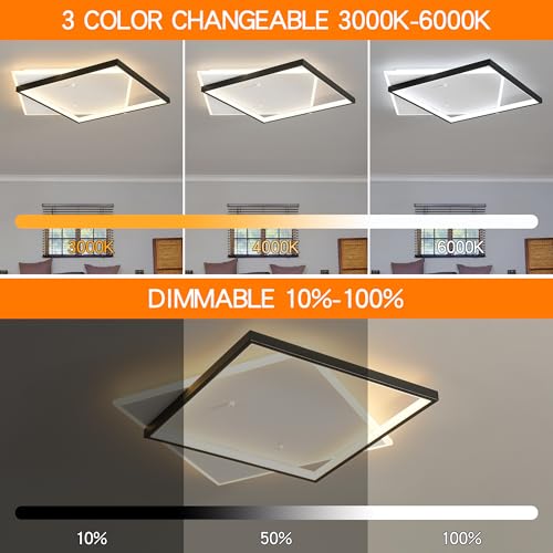 Black Modern LED Bedroom Ceiling Light Dimmable Flush Mount Ceiling Light Fixture 22" Square Ceiling Lamp with Remote Control Kitchen Lighting Fixture Ceiling