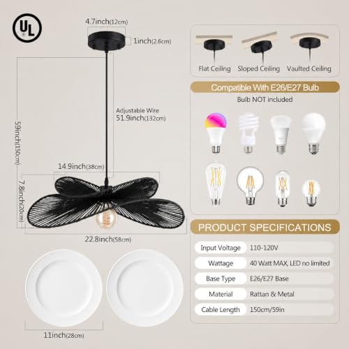 22.8" Large Rattan Pendant Light (Black)