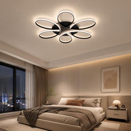 Modern LED Ceiling Light Fixture Black Flush Mount Ceiling Lamp with Remote Control Dimmable Rings Flower Shaped Ideal for Small and Medium Living Room Big Bedroom Kitchen