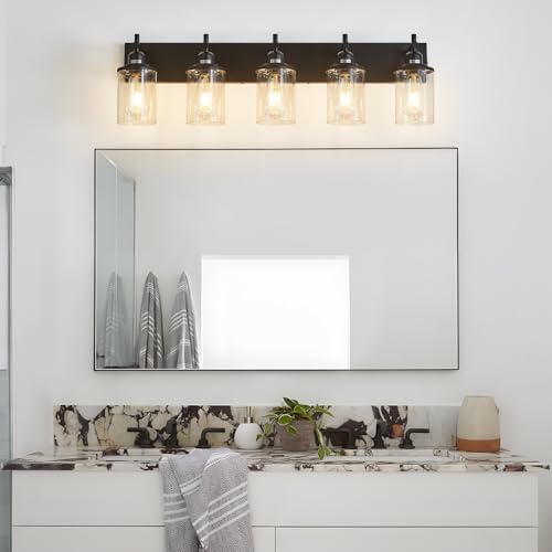 5 Light Black Bathroom Light Fixture Over Mirror Modern Farmhouse Bathroom Vanity Light Vintage Wall Lighting with Clear Glass Shade for Bathroom (5 Count)